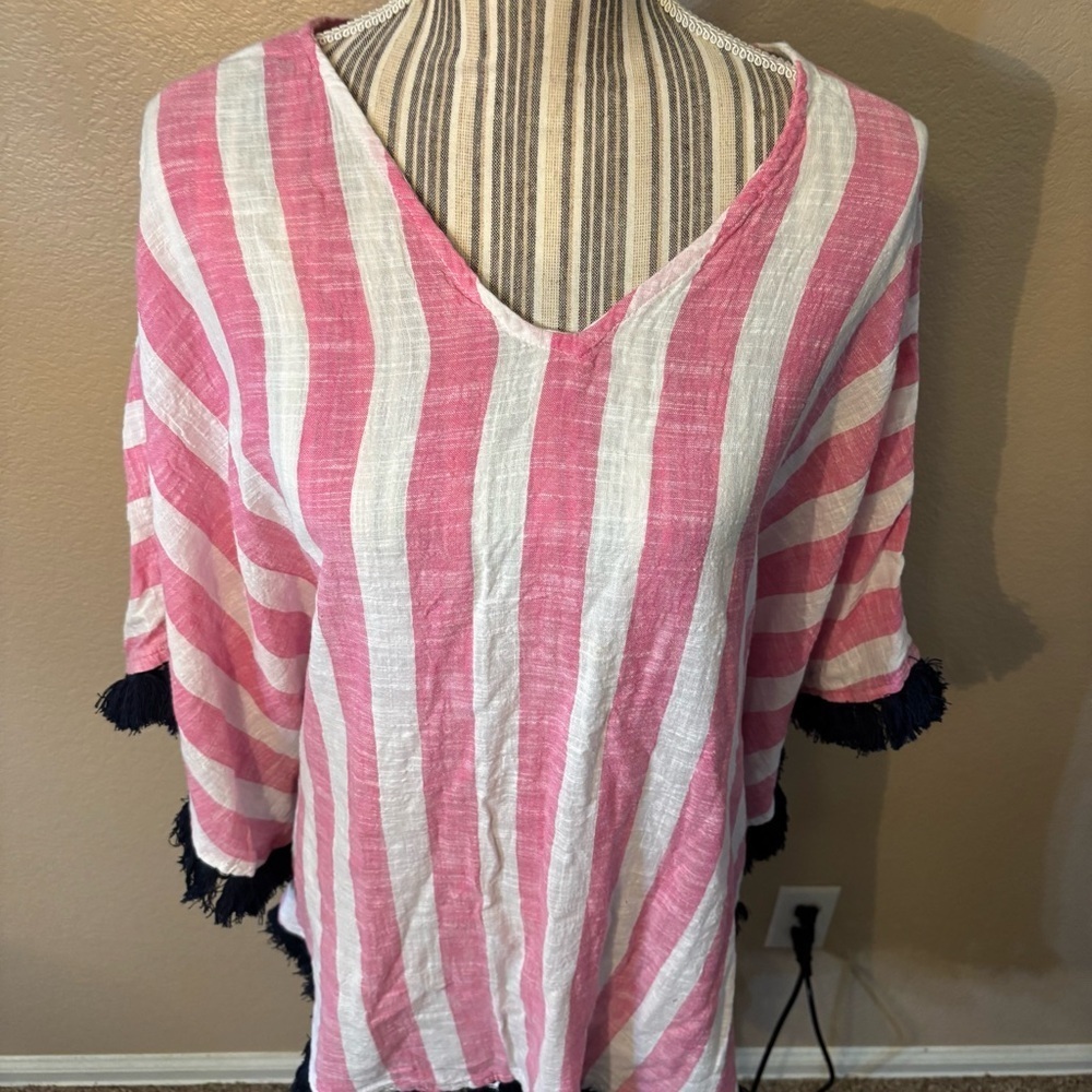Mud Pie Coverup Pink White Striped Black Fringe Beach Swim Poncho Cotton - Picture 2 of 16